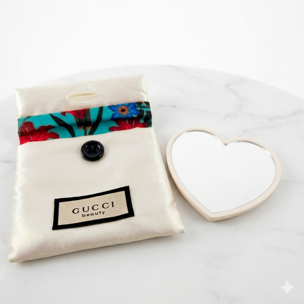 Gucci Beauty Heart Shaped Pocket Mirror and Matching Floral Lined Pouch