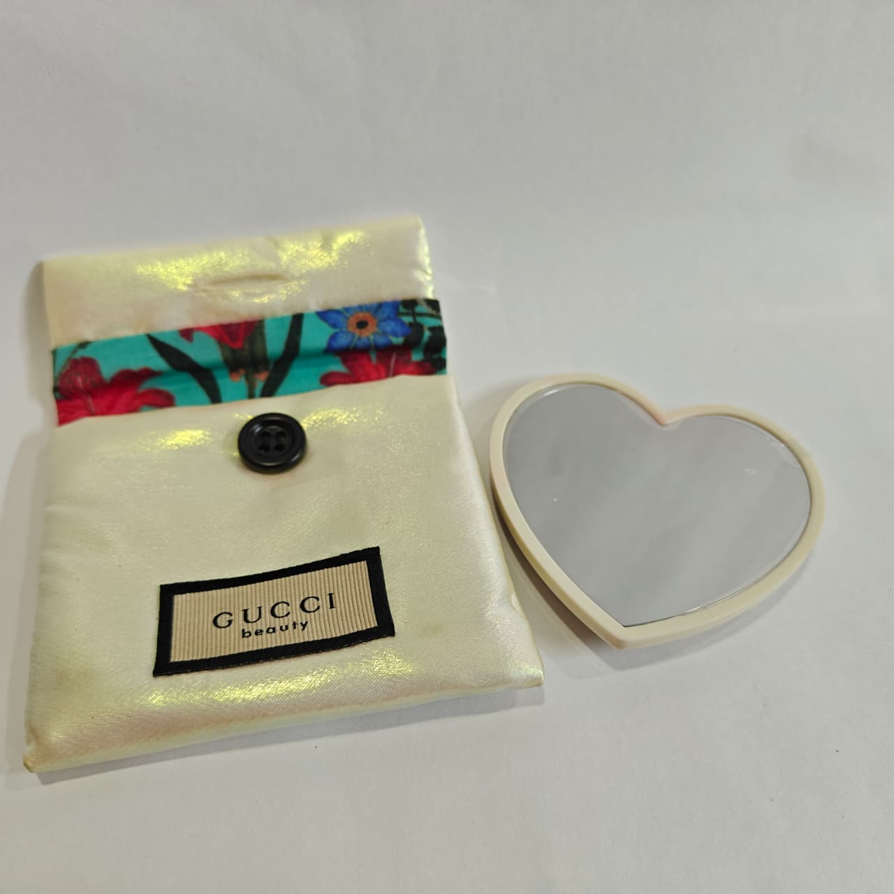 Gucci Beauty Heart Shaped Pocket Mirror and Matching Floral Lined Pouch